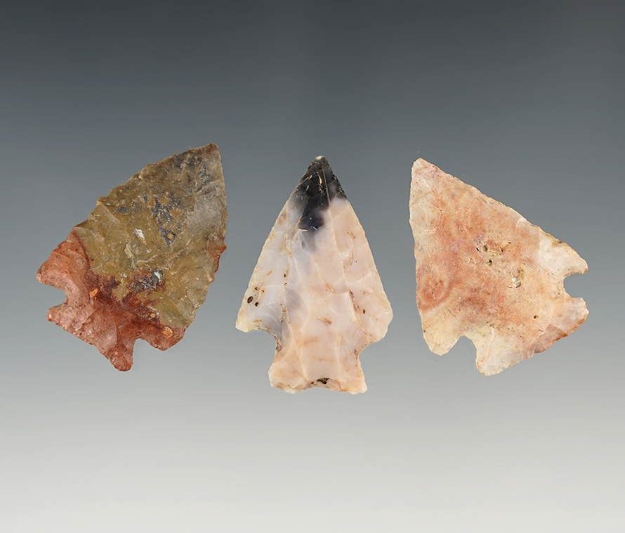 Set of 3 colorful Flint Ridge Corner Notch points - OH.