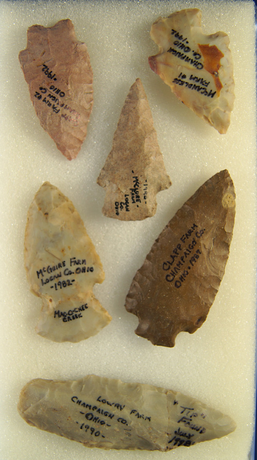 Set of six arrowheads found in Ohio from the collection of Greg Shipley. Largest is 2 15/16".