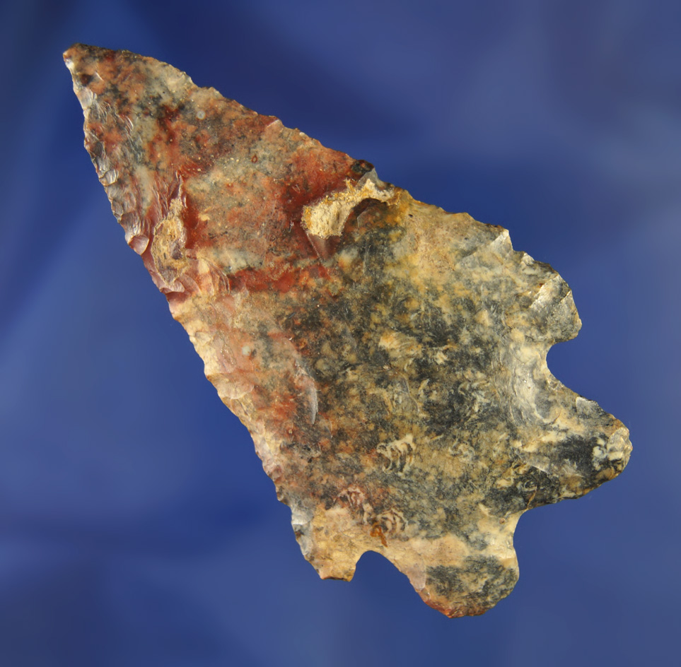2 15/16" heavily patinated McCorkle Bifurcate found in Ohio. Ex. Hovan collection #508.