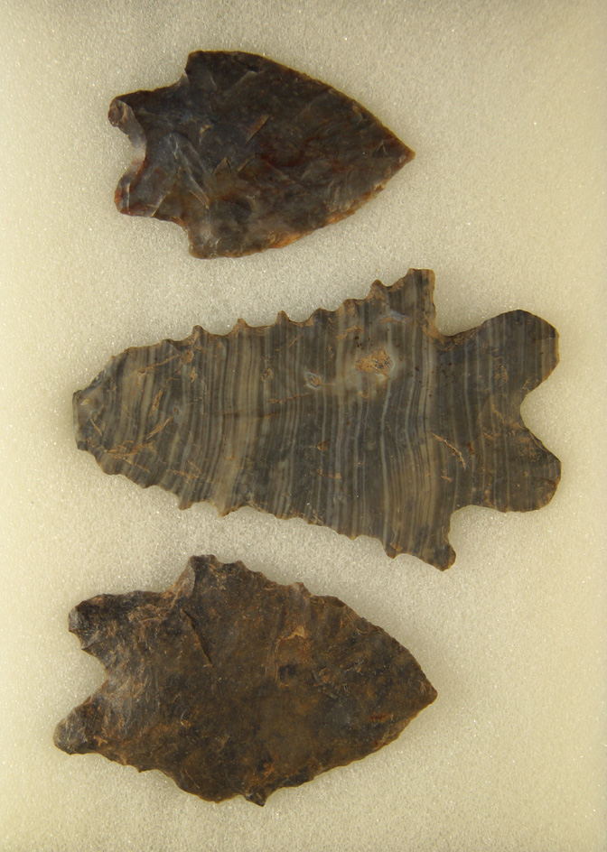 Set of three Bifurcated Base arrowheads found in Ohio, largest is 2 7/16".