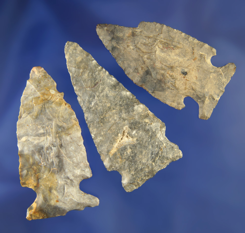 Set of three Coshocton Flint Intrusive Mound arrowheads found in Ohio. Largest is 2".