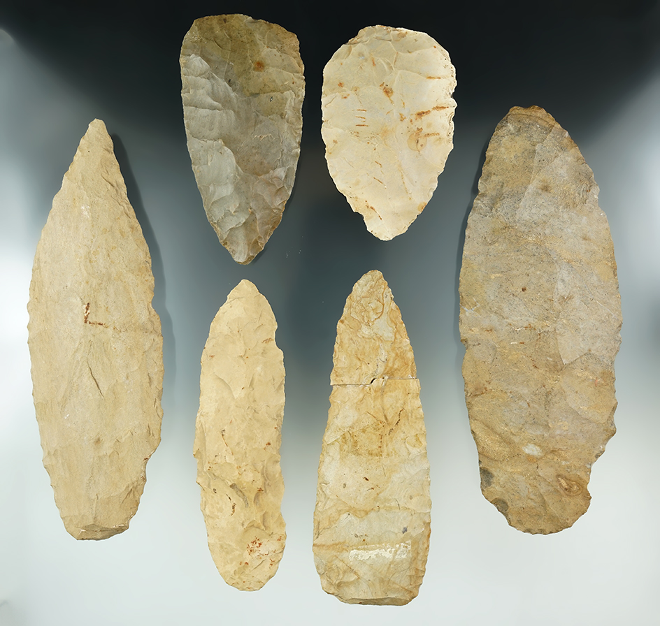 Group of six large blades found in the Indiana area, largest is 6 3/4" long.