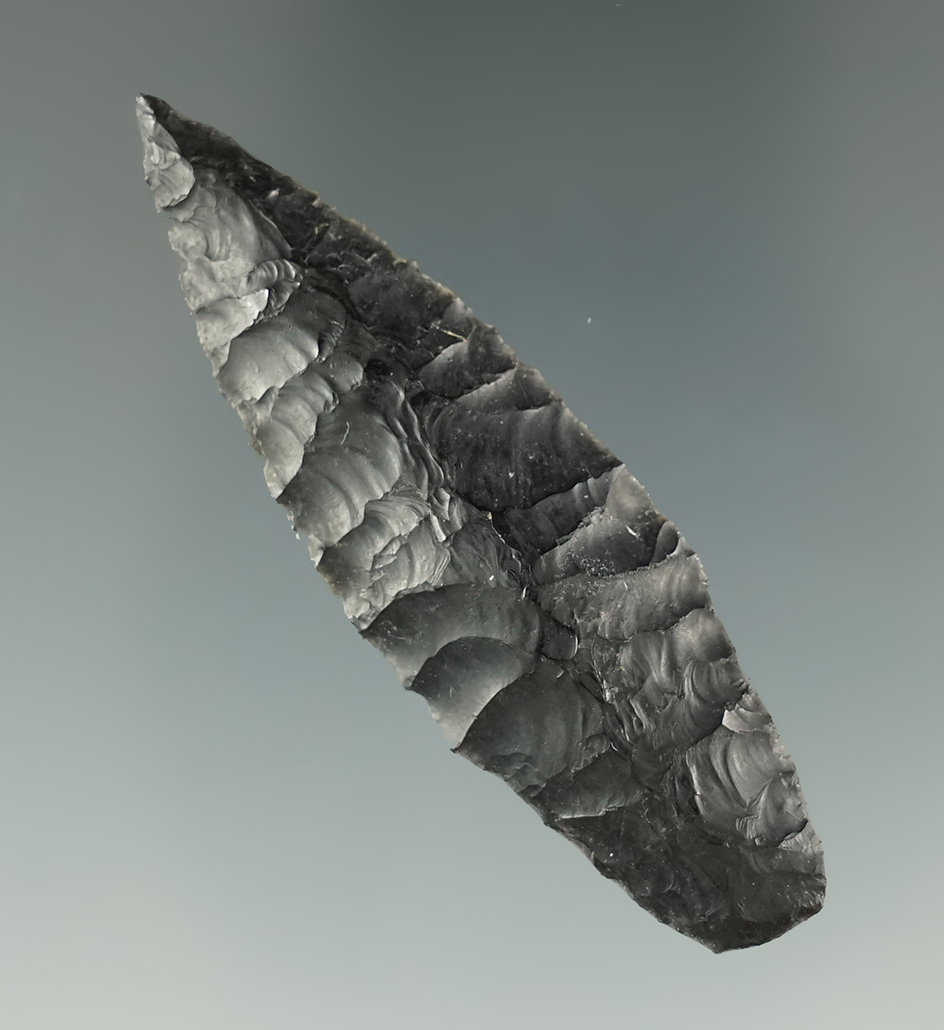 2 7/16" Paleo Lind Coulee that is nicely flaked from Obsidian. Crump Lake, Lake Co., Oregon.