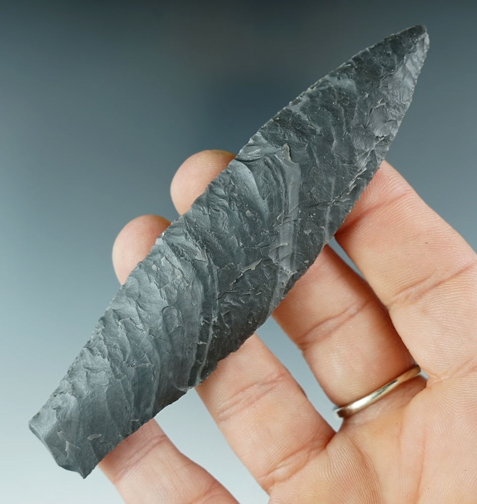 4 1/8" Paleo Cody Complex Lanceolate that is well flaked with ground lower edges, Oregon.