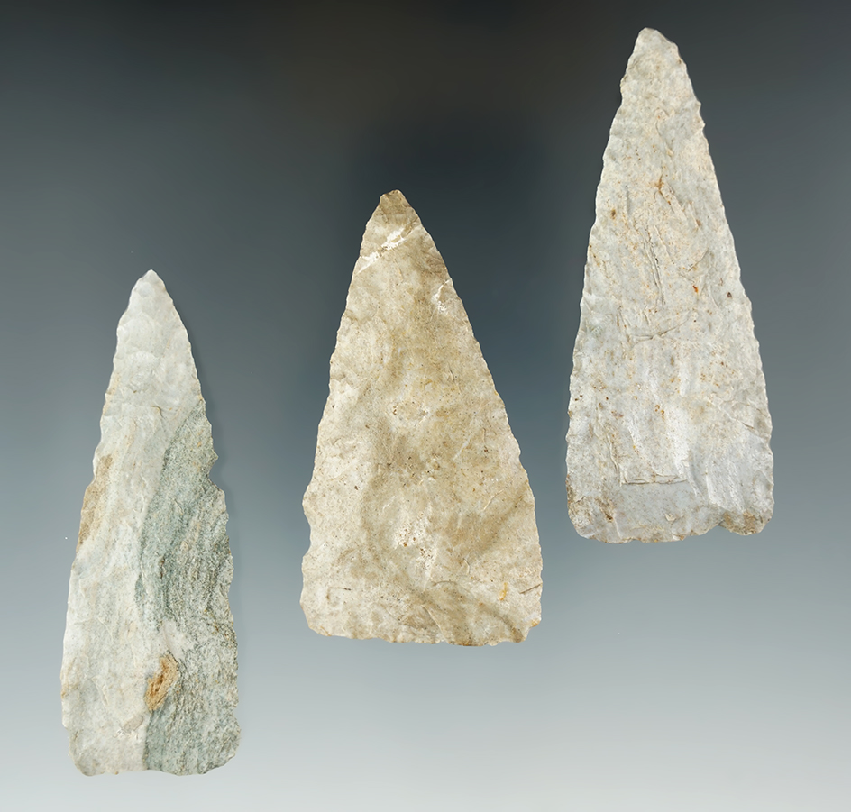 Set of 3 Triangular Blades made from Attica "Indiana Green" Chert, largest is 2 7/8".