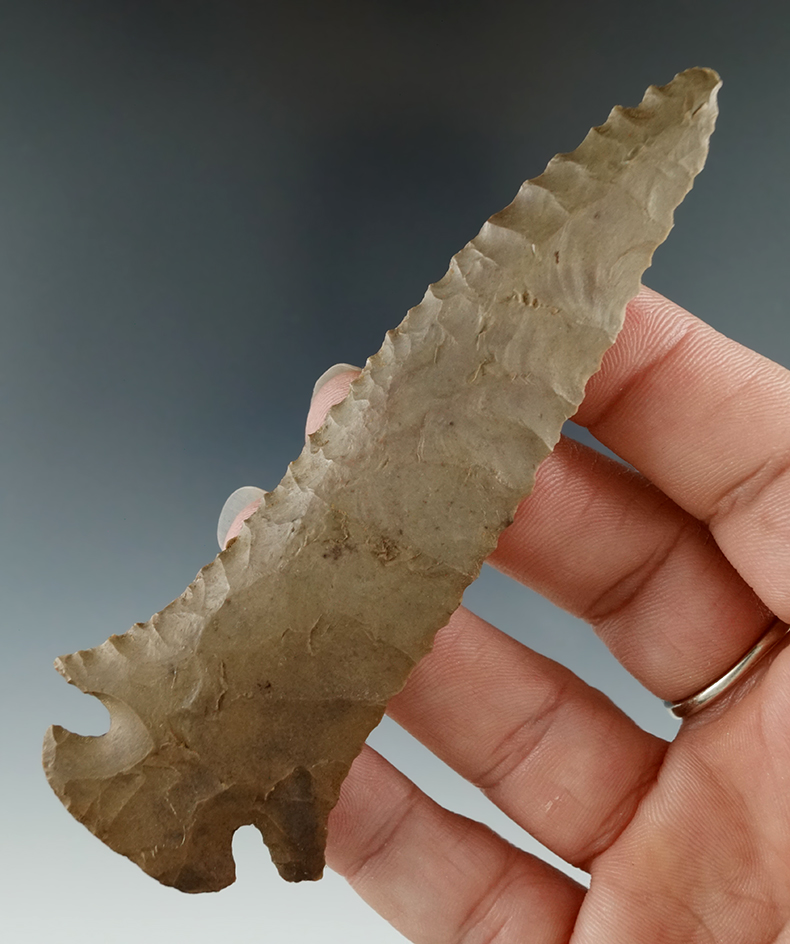 4 1/16" Dovetail made from Dover chert found in Decatur Co., Tennessee. Comes with a Davis COA.