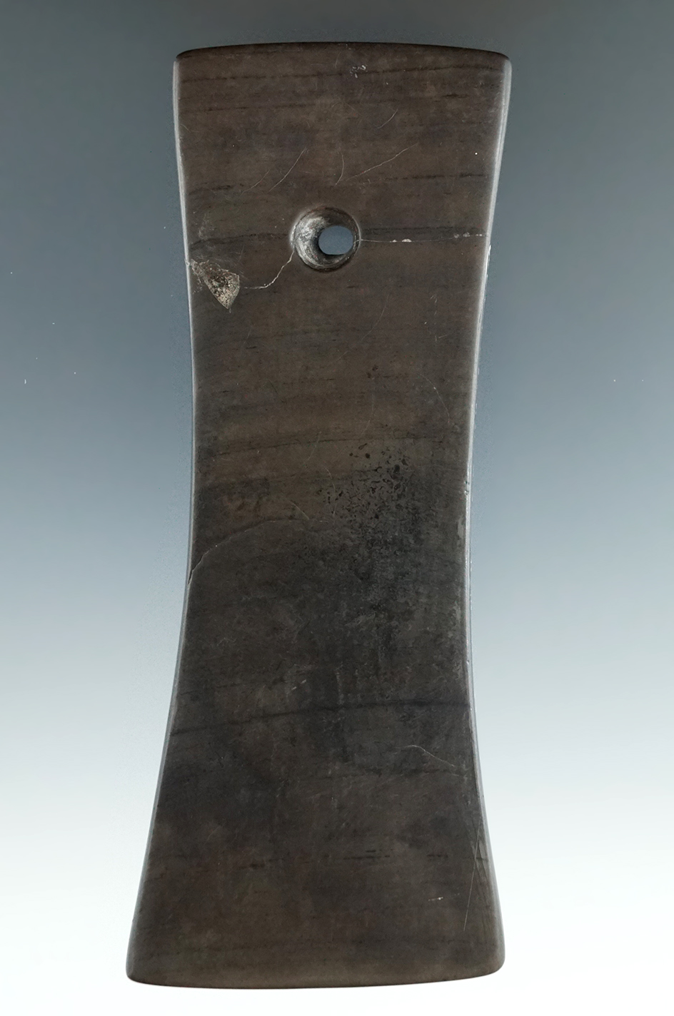 4  1/2" banded slate Bi-concave Pendant that is broken and glued tight through the hole - Ohio.