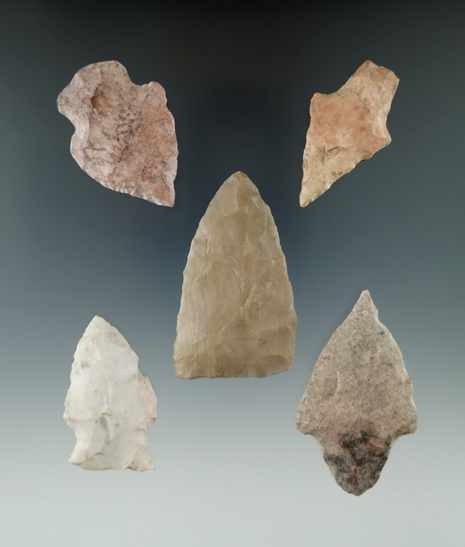 Set of five assorted Missouri arrowheads, largest is 2 5/16".