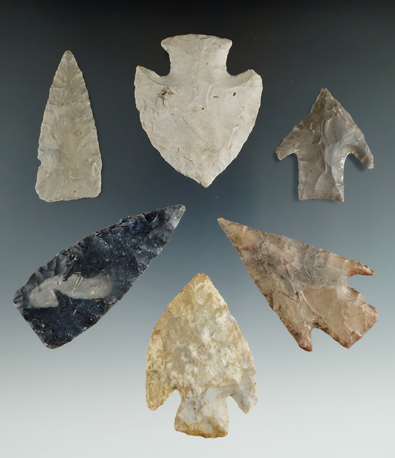 Ex. Museum! Group of six assorted Texas flaked artifacts, largest is 2 5/8".