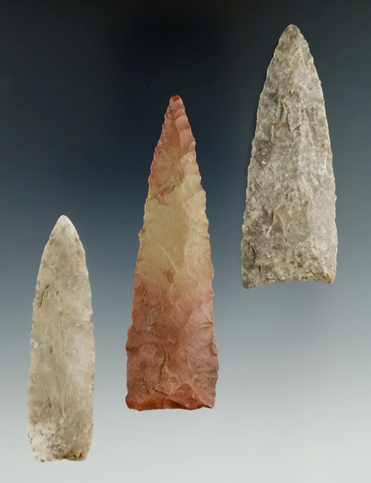 Ex. Museum! Set of three Lanceolates found in Texas, largest is 3 5/16". Collection of Charles Shewe