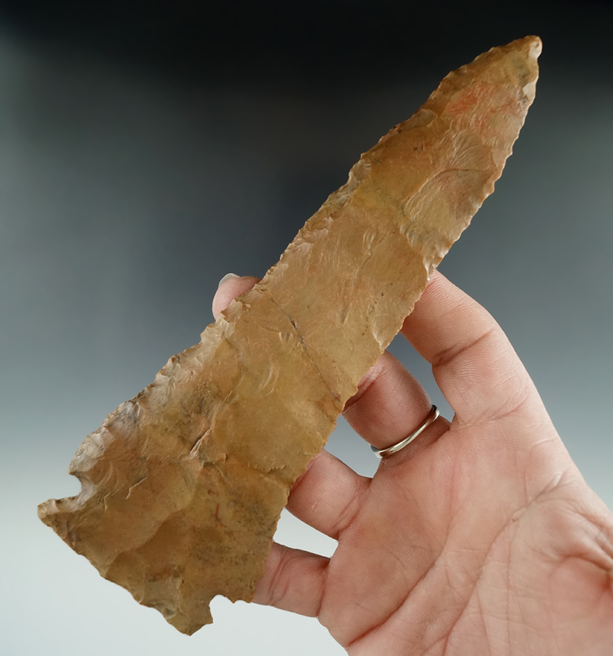 Large! 6 1/2" Meadowood Knife that is broken and glued tight found in Monroe Co., Indiana.  COA.