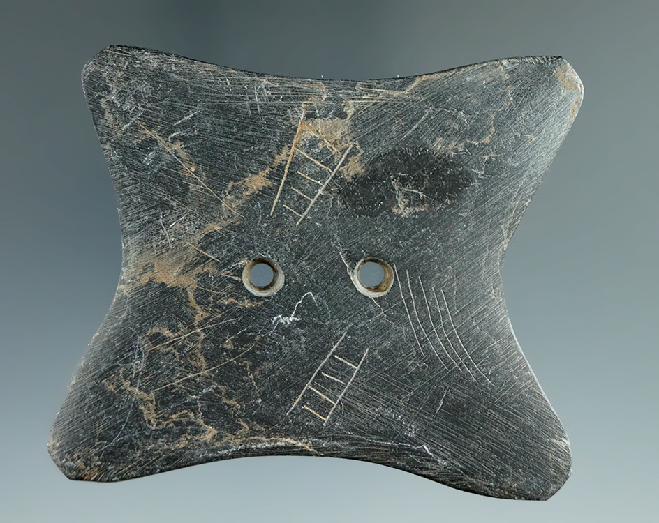 Extremely thin 2 5/8" Engraved Reel Gorget made from Slate. Miller Farm in Ross Co., Ohio.