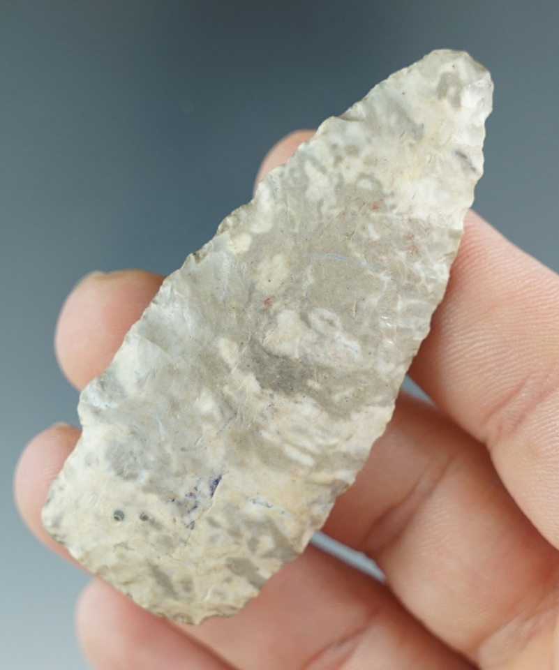 Nice river polish on this 2 9/16" Scottsbluff made from Boone Chert, Dallas Co., Texas. Perino COA.