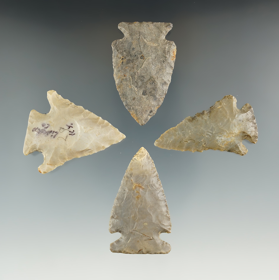 Set of four nice Cornernotch arrowheads found in Kentucky, largest is 1 7/8". Ex. Henry English.