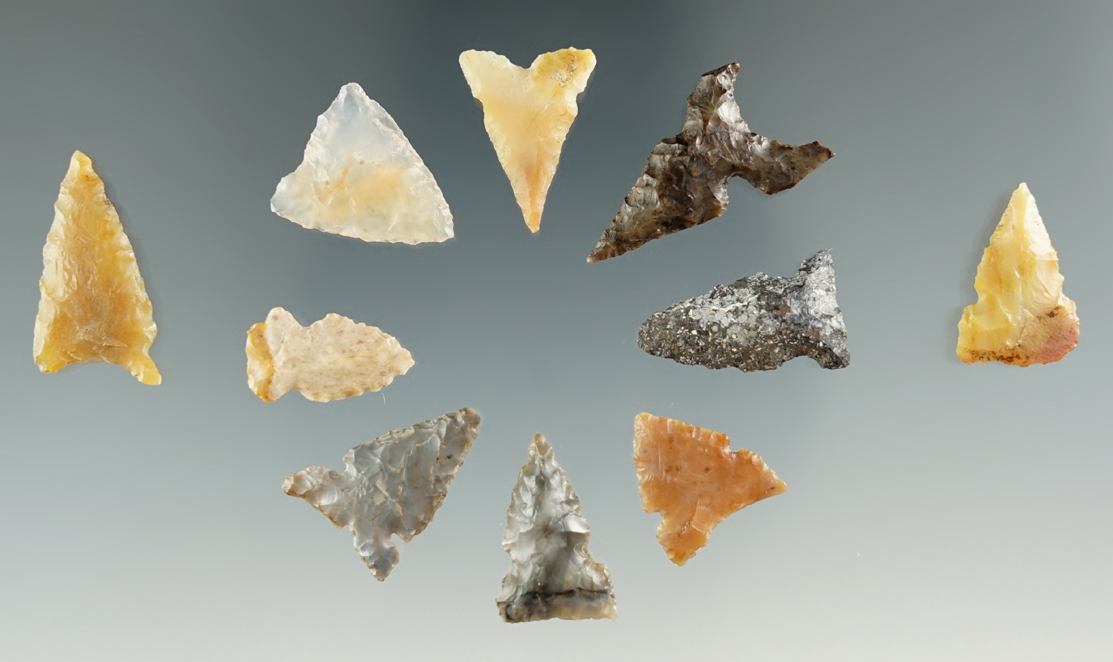 Set of 10 assorted points found near the Lewis River, Washington. Largest is 7/8".