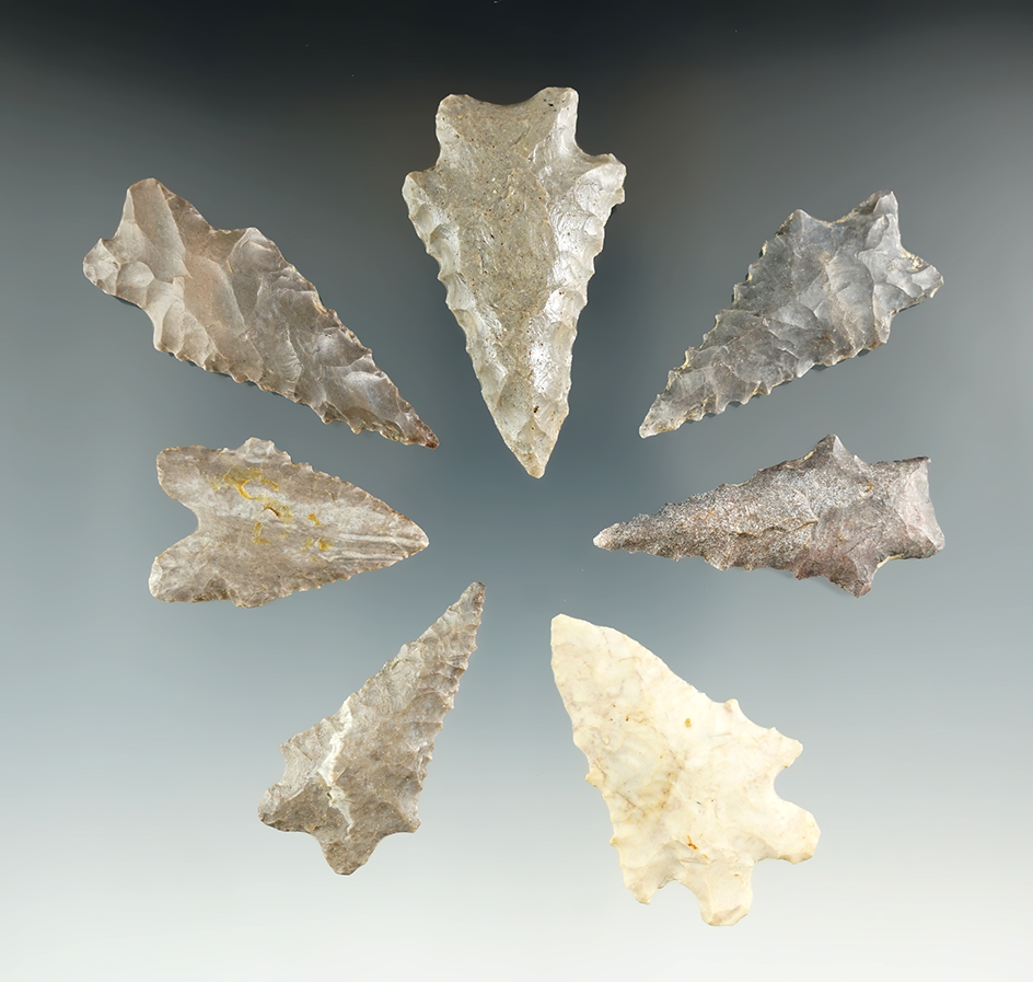 Set of seven nice arrowheads found in Kentucky, largest is 2 3/16". Ex. Henry English collection.