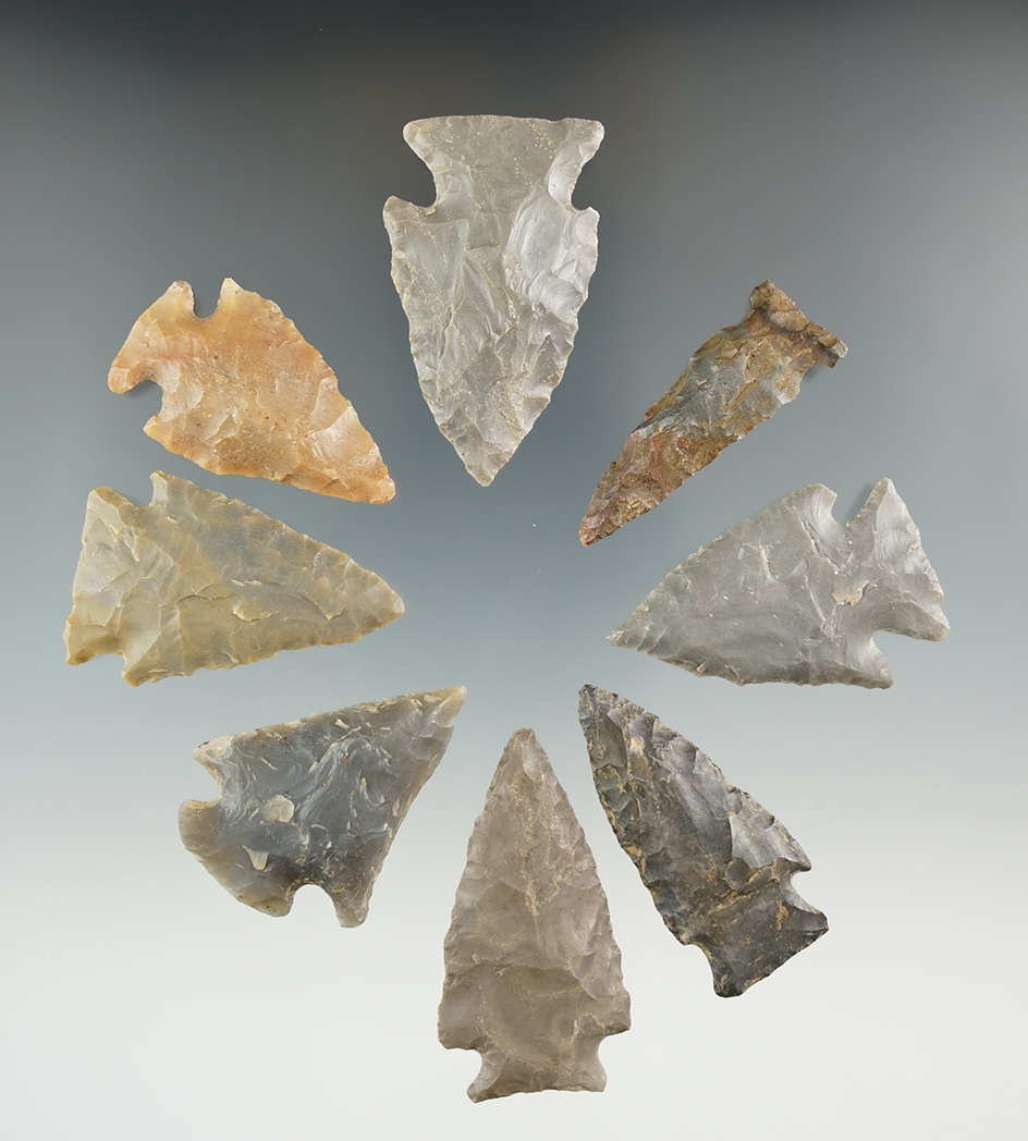 Set of eight assorted Kentucky arrowheads, largest is 1 7/8". Ex. Henry English collection.