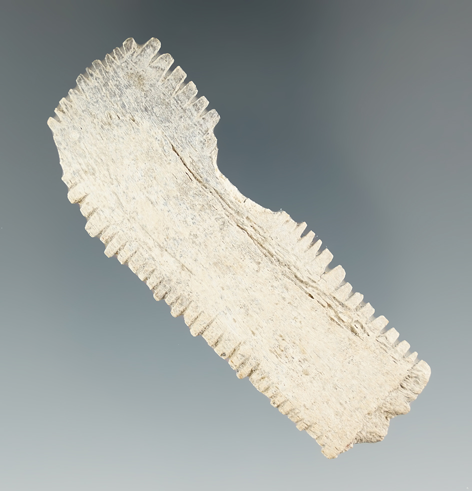 2 3/4" stylized section of bone that is highly serrated. Found in Klickitat County Washington.