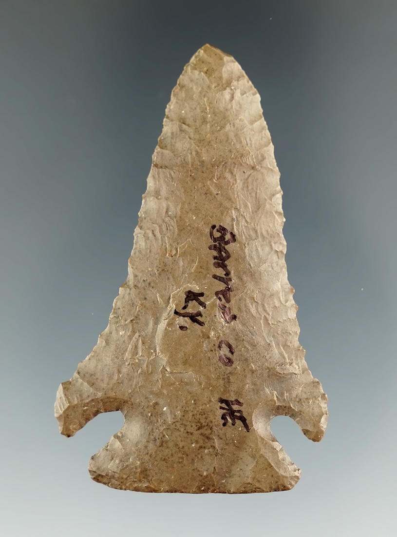 Excellent style and flaking on this 2 7/16" Pine Tree point found in Barron County Kentucky.