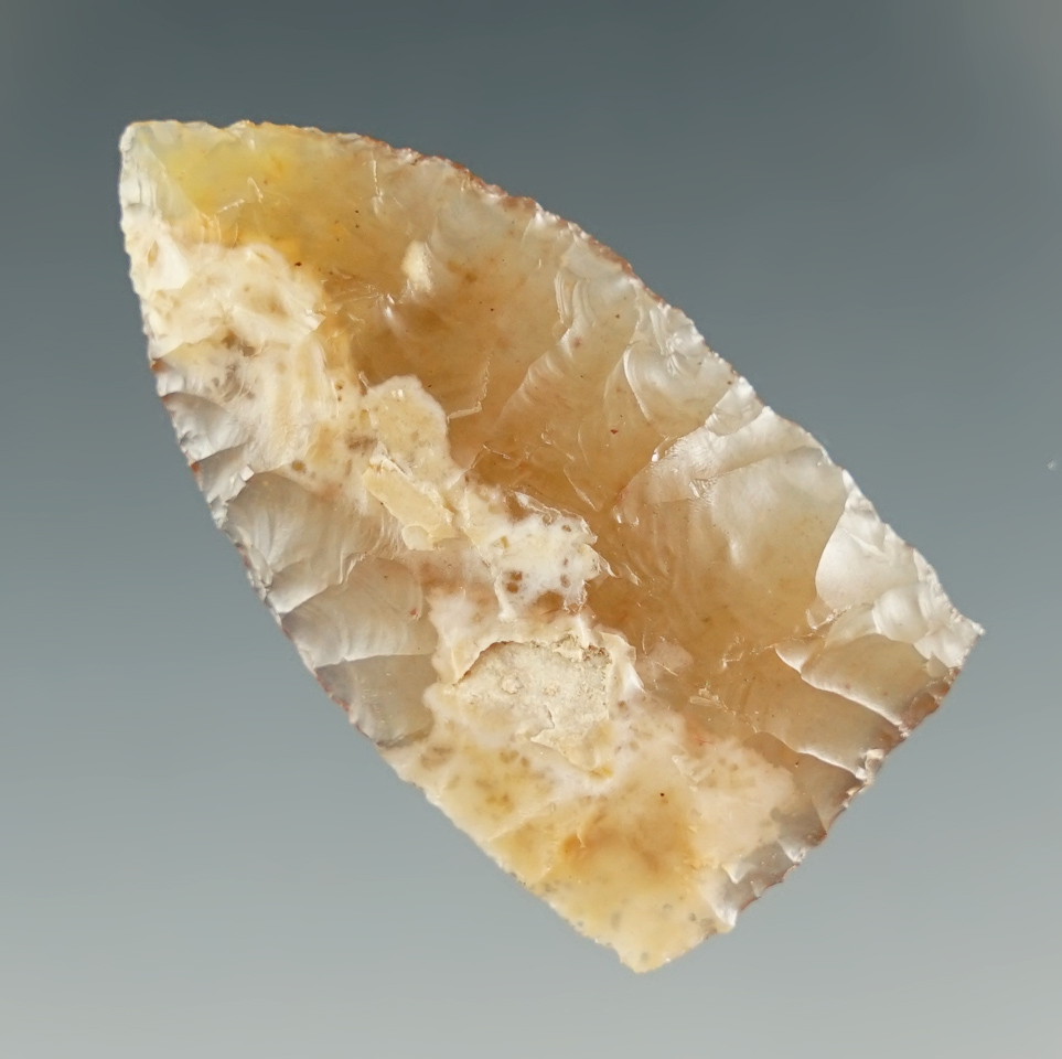 1 7/16" Paleo knife or Plainview made from a flake translucent chalcedony.  Columbia River, WA.