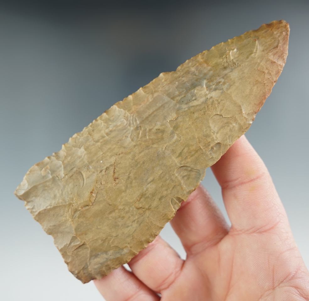 4 3/4" Archaic Beveled Cobbs Knife with great patina. Found in Hardin Co., Kentucky.