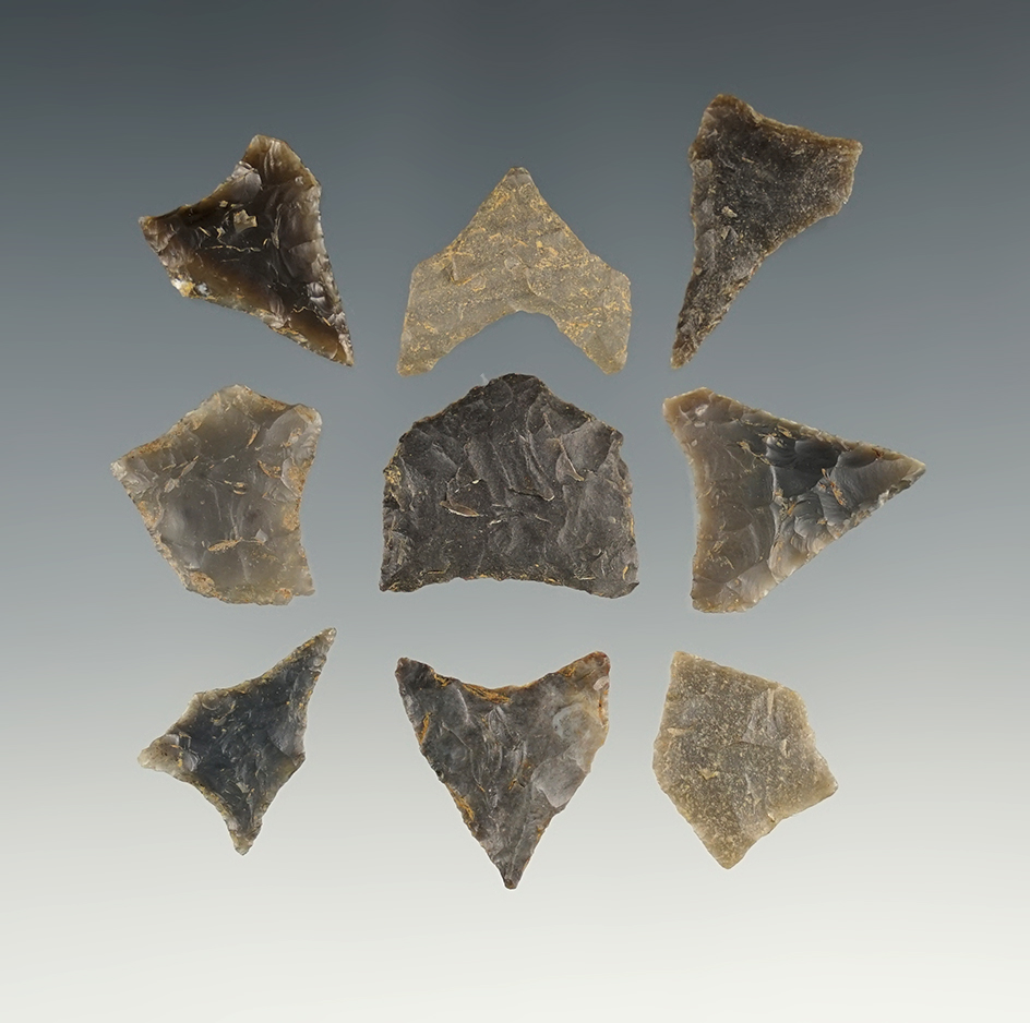Set of 9 Jacks Reef Pentagonal Triangle points in good condition. The largest is 15/16".