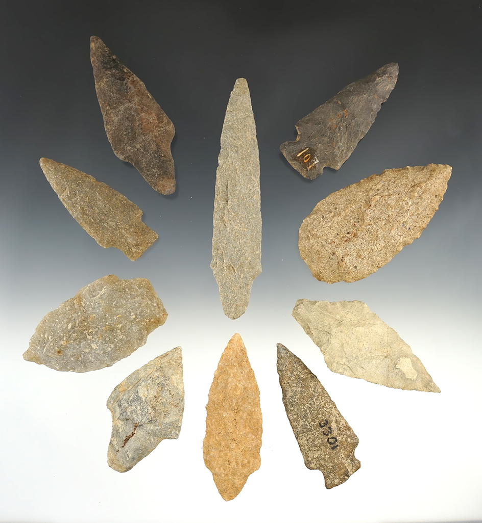 Set of 10 well made points found in Eastern U.S. The largest is 4 1/2".