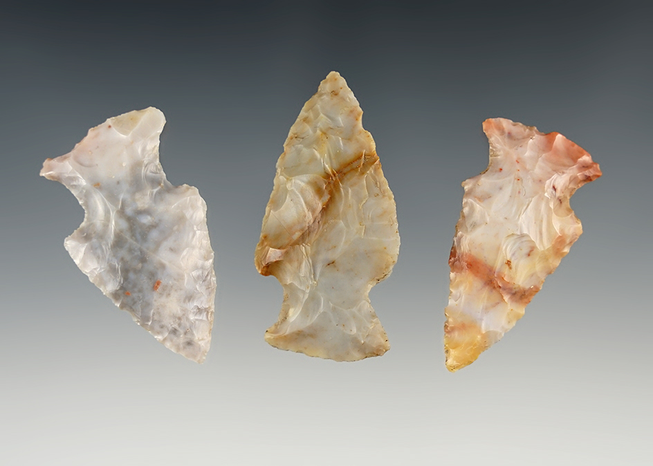 Set of 3 colorful Ohio Hopewell points made from Flint Ridge. The largest is 2 1/16".