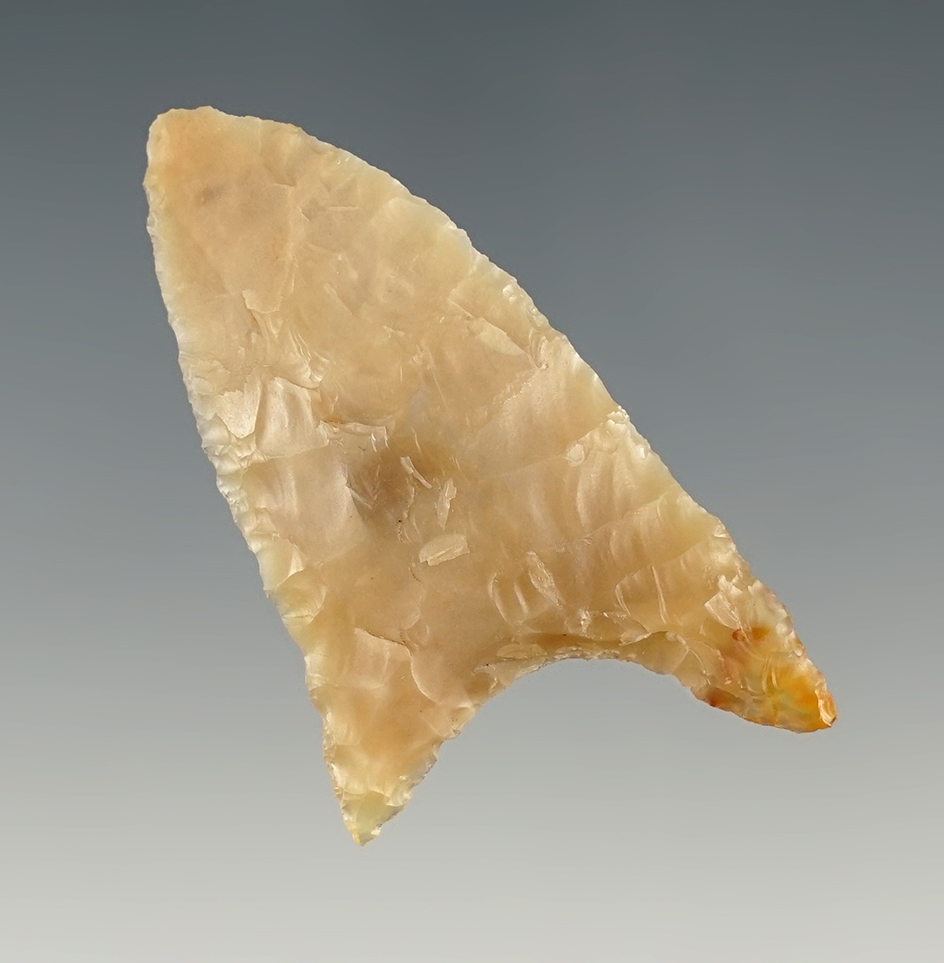 2 1/16" Triangular-shaped point found by Kaye Don Bruce close to John Day Rapids, Washington.