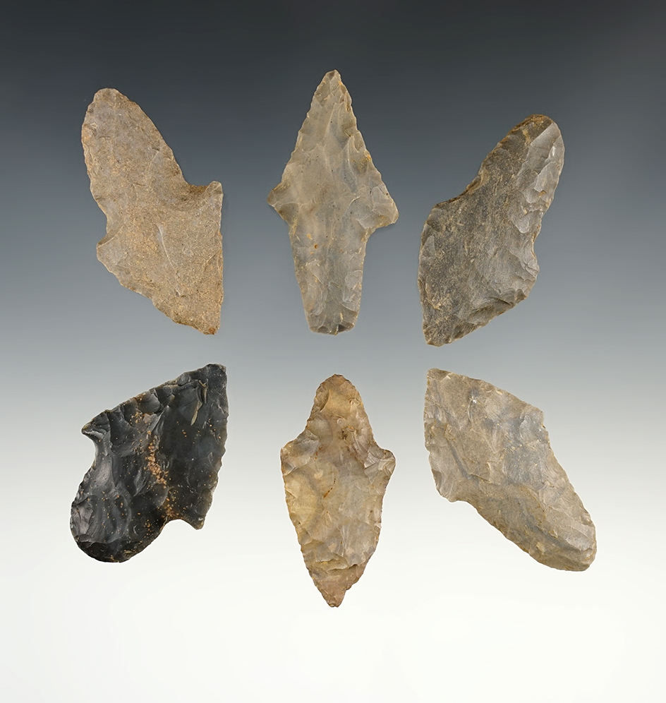 Set of 6 nice Midwest Adena points. The largest is 2 3/16".