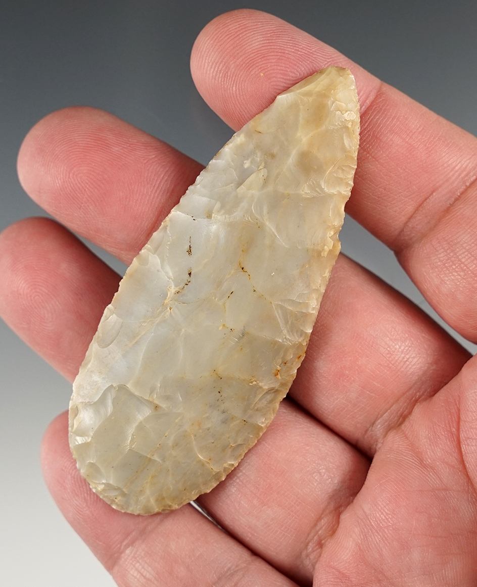 3" Adena Blade,Translucent Flint Ridge Flint. Found 4/11/69 on Flint Ridge by Jack Hooks.