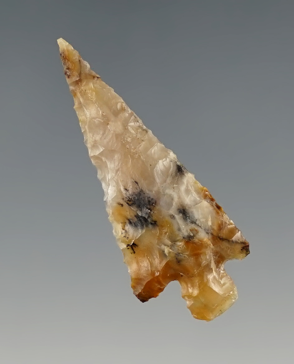 Nice! 1 7/16" Rose Springs Corner Notch made from beautiful multi-colored Agate.