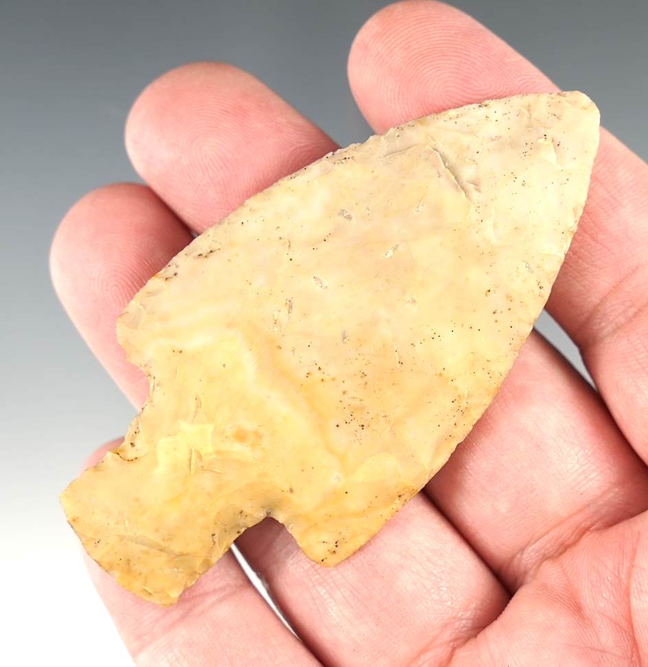 3 1/8" Perry Co., Ohio Adena. Thin and well made from patinated Flint Ridge flint.