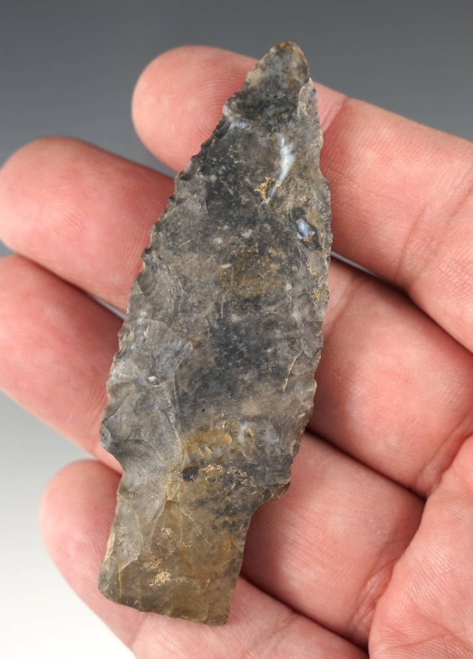 3 1/16" Stemmed Paleo Lanceolate found in Ohio. Nicely styled base with heavy grinding to sides.