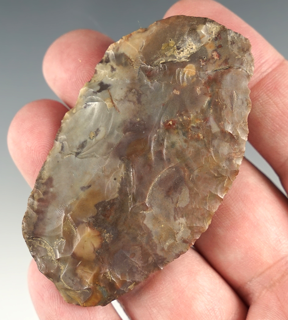 2 7/8" Rare Paleo Knife made of gray and purple Pipe Creek Flint. Found in Huron Co., Ohio.