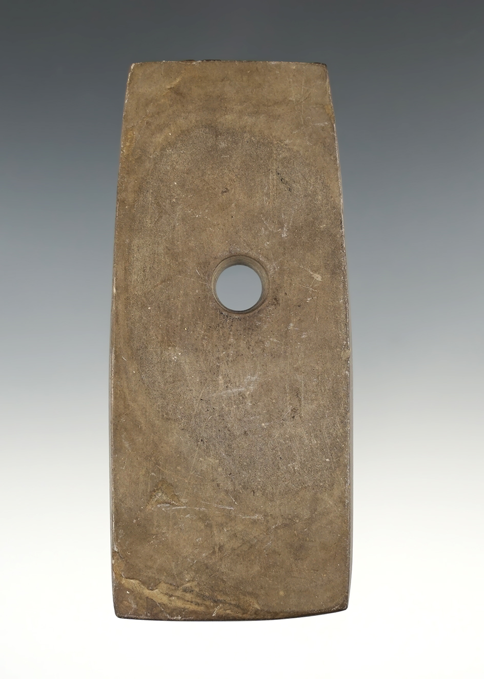 Well made 4 1/8" Adena Trapezoidal Pendant - Seneca Co., Ohio. Ex. Gilbert Dilley, Jim Johnston.