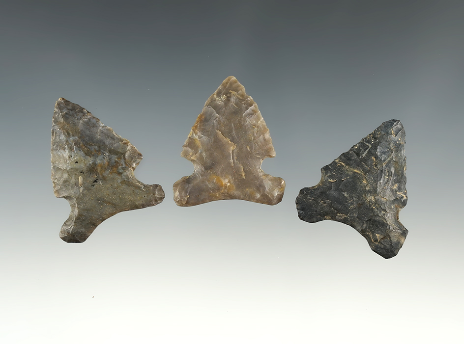 Set of 3 Big Sandy points - Coshocton Co., Ohio near West Bedford. The largest is 1 11/16".