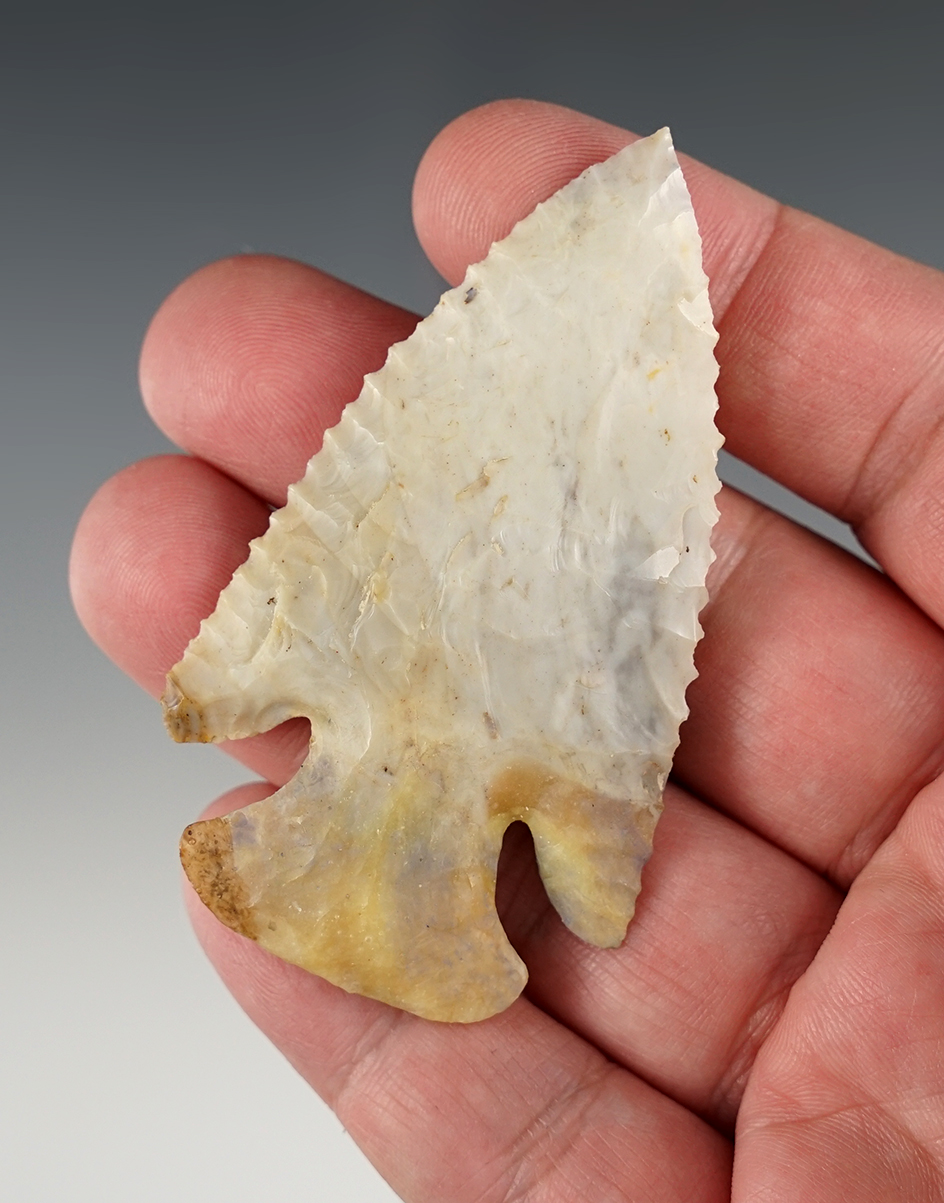 2 7/8" Thebes point with restoration to the base and one shoulder. Hardin Co., Ohio. Ex. T. Reed col