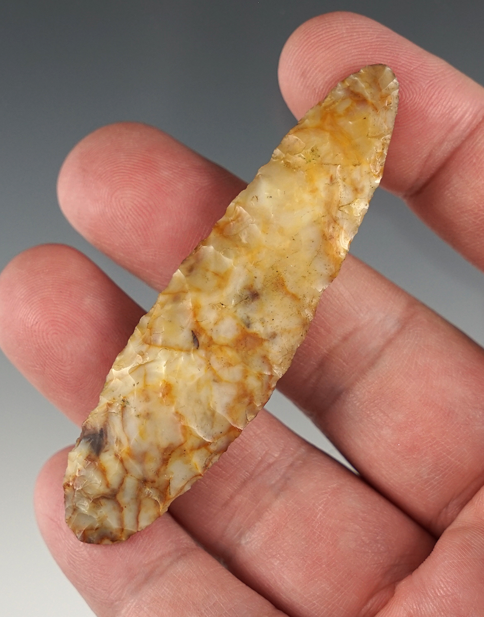 3" colorful Knife  made from high-grade flint. Found in Knox Co., Ohio. Ex. Ron Sauer collection.