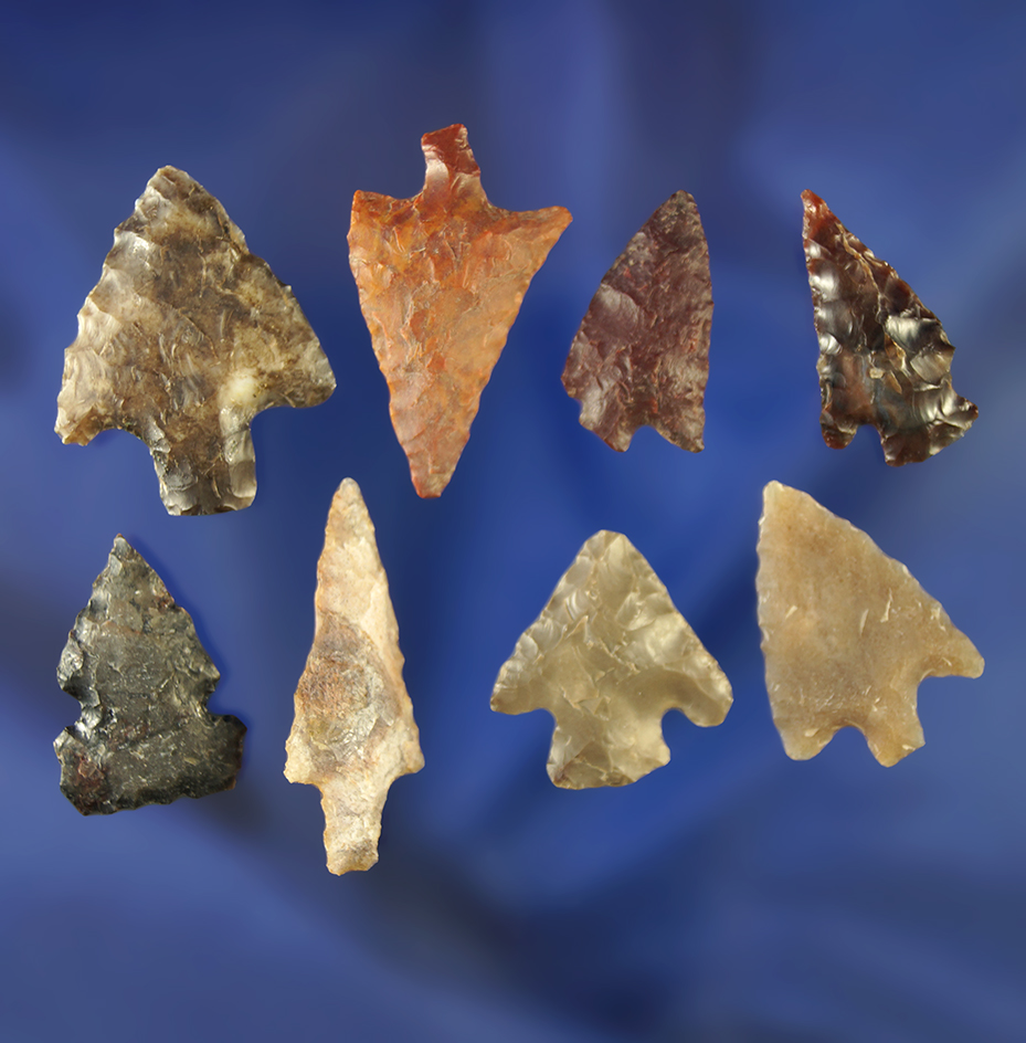 8 assorted arrowheads, largest is 1 1/8".