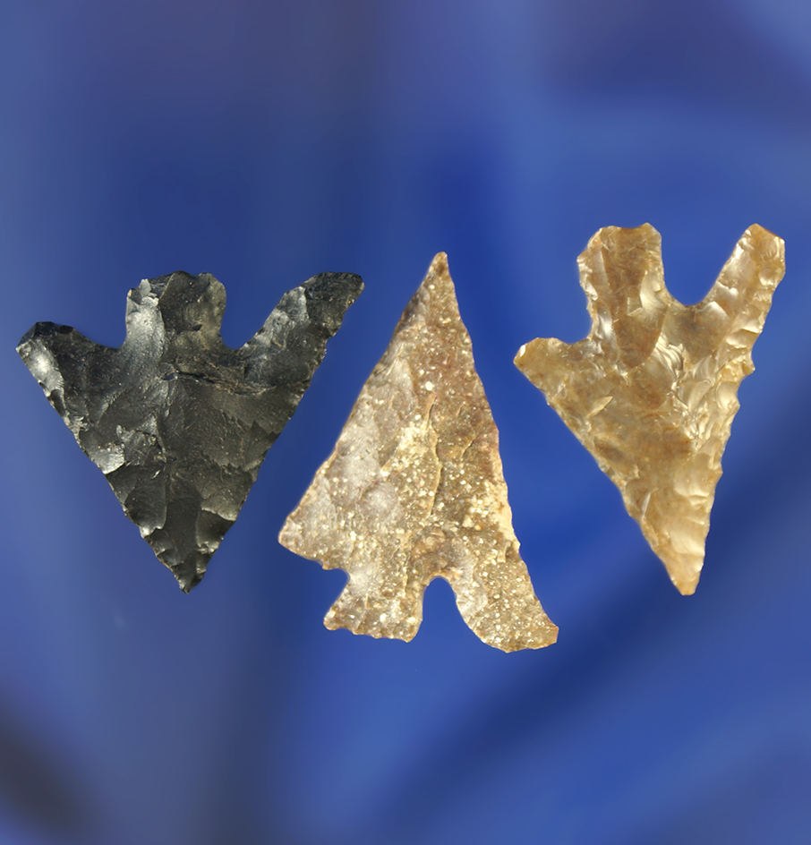 Set of three cornernotch arrowheads, largest is 15/16".