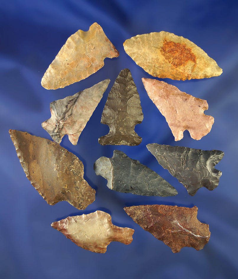 Set of 10 assorted arrowheads, largest is 1 15/16".