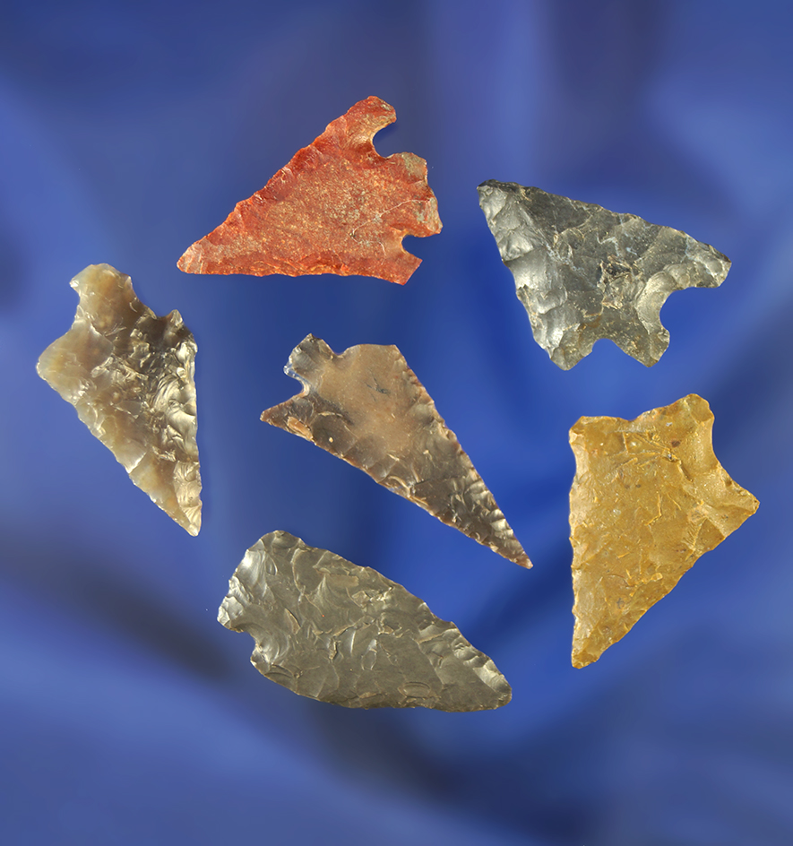 Set of six assorted arrowheads, largest is 1".
