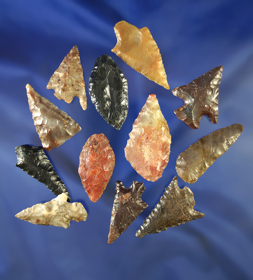 Set of 12 assorted arrowheads, largest is 1 11/16".
