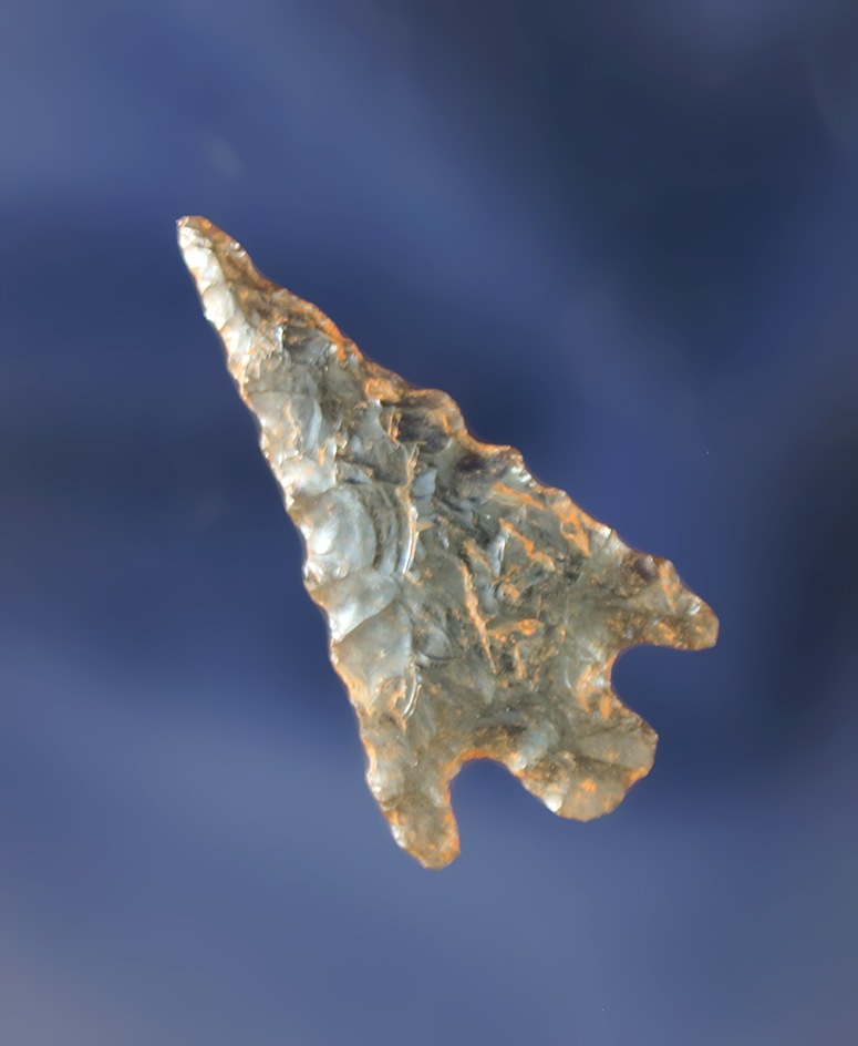 Heavily patinated 1 1/16" obsidian Columbia Plateau that is thin with a slight curve.