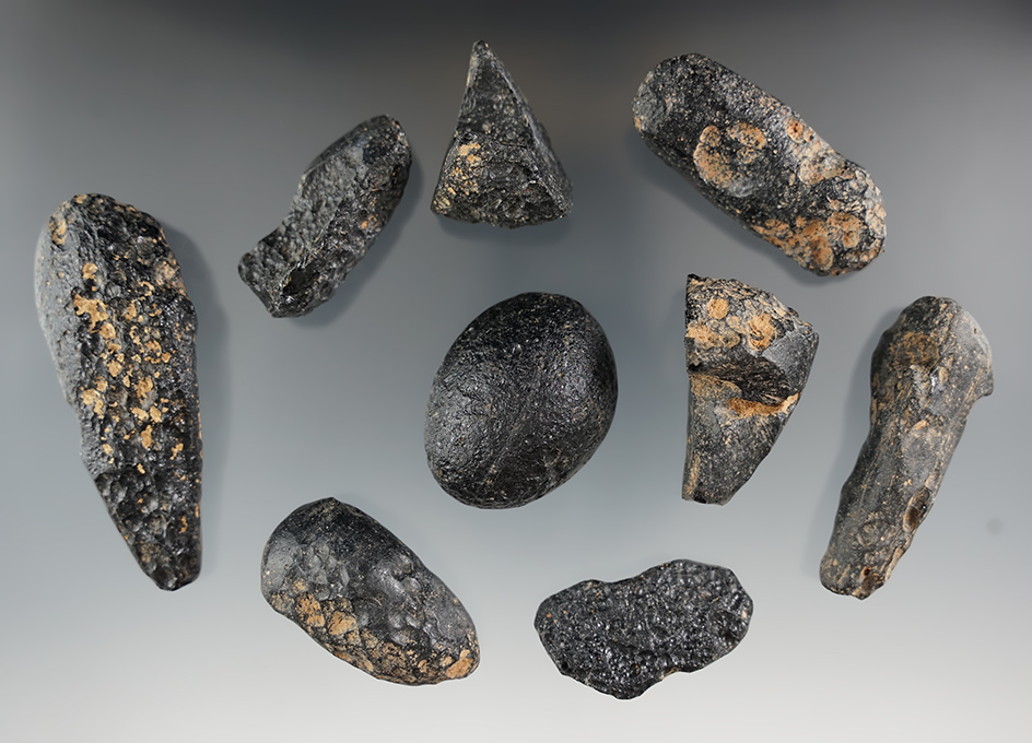 Group of nine Tektites found at the Khorat plateau, Northeast Thailand in 1964.