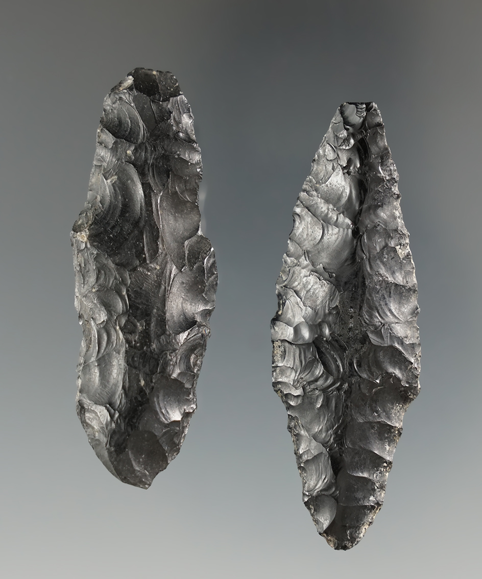 Pair of obsidian points including a 2 3/16" Lind Coolee pictured in Overstreet nine, page 1038.
