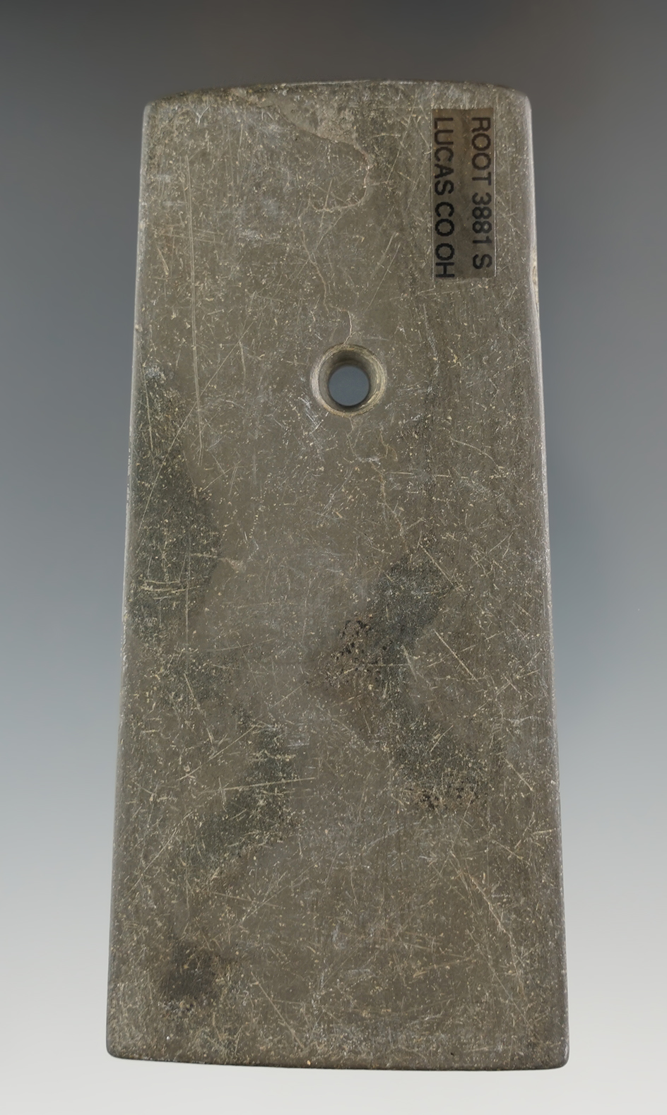 4 1/16" Trapezoidal Pendant made from green and black Banded Slate, Lucas Co., Ohio. COA.