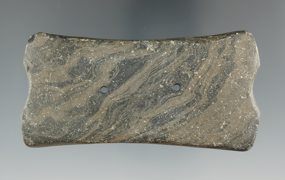 4 3/4" Adena Reel Gorget made from black and green Mottled Slate,  Preble Co., Ohio.