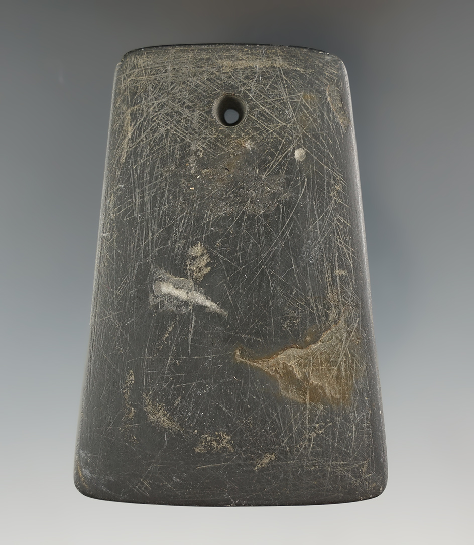 3 5/16" Hopewell Trapezoidal Pendant made from black Slate, found in Ohio.